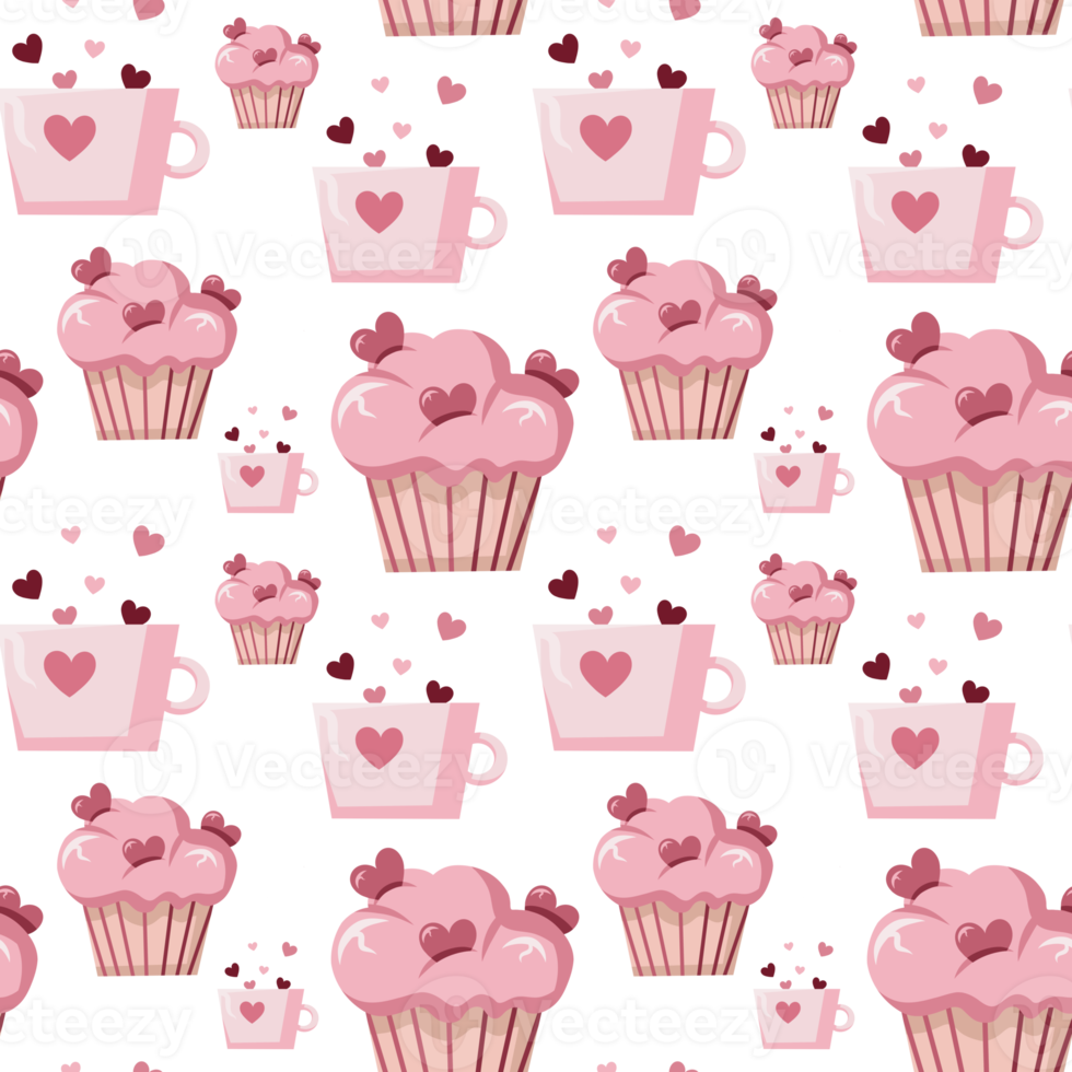 Seamless Valentine's Day pattern with hearts, pink cream cupcake and mug with hearts png