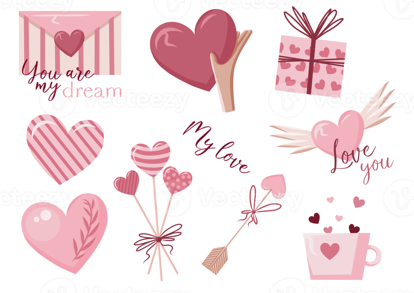 Valentines day stickers set, love symbol objects and cute lettering. png