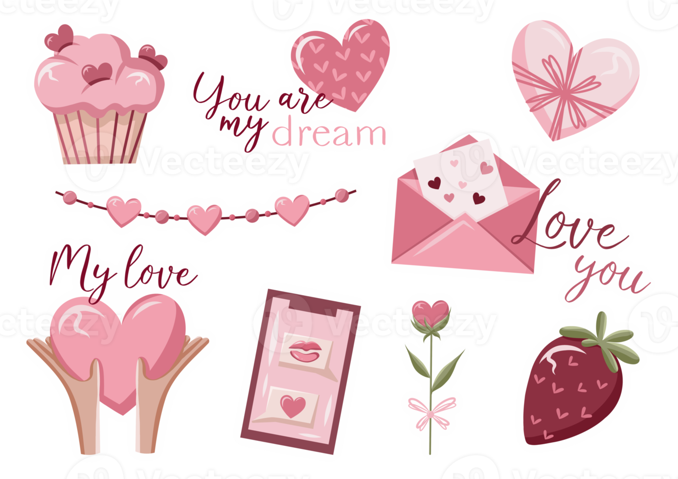 Valentines day stickers set, love symbol objects and cute lettering. png