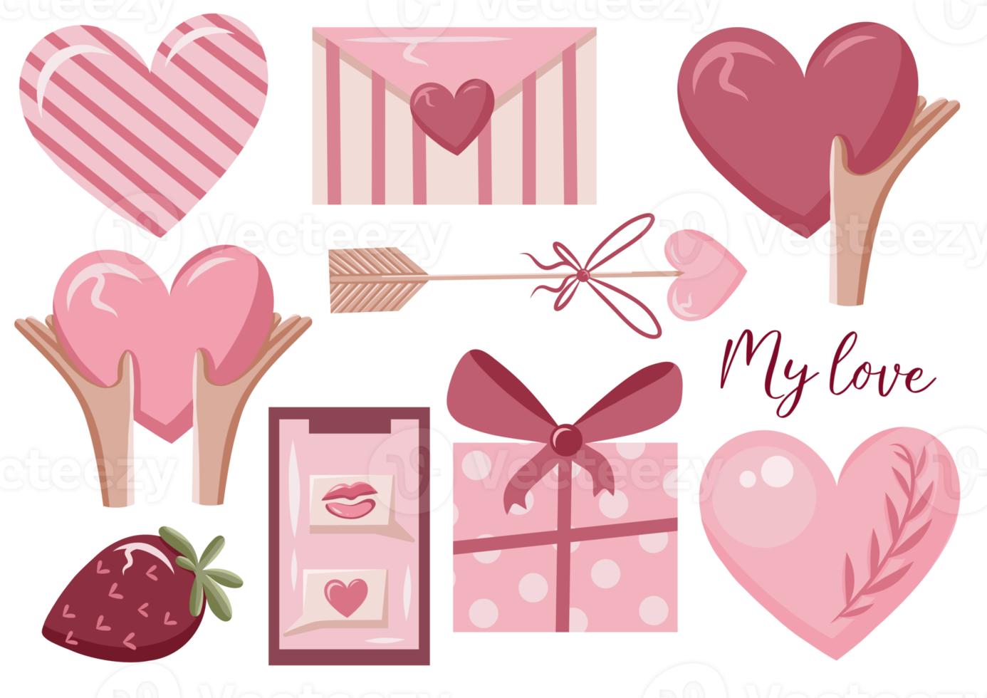 Set of elements for Valentine's Day. Isolated icons on a transparent background. png