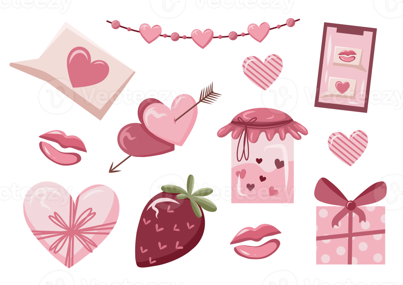 Valentines day stickers set, love symbol objects and cute lettering. Heart, love letter, gift box and other design. png