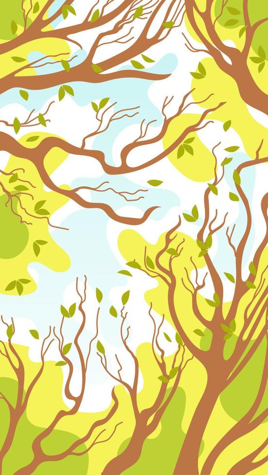 Spring landscape. Tree crowns with young foliage, blue sky, white clouds. Vector illustration for stories, posters, postcards, banners, design elements, printing on fabric