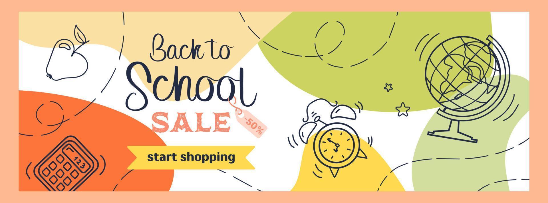 Back to school. Bright horizontal modern banner in sketch style and pastel colors. Learning attributes - globe, calculator and alarm clock. For advertising banner, website, sale flyer. vector