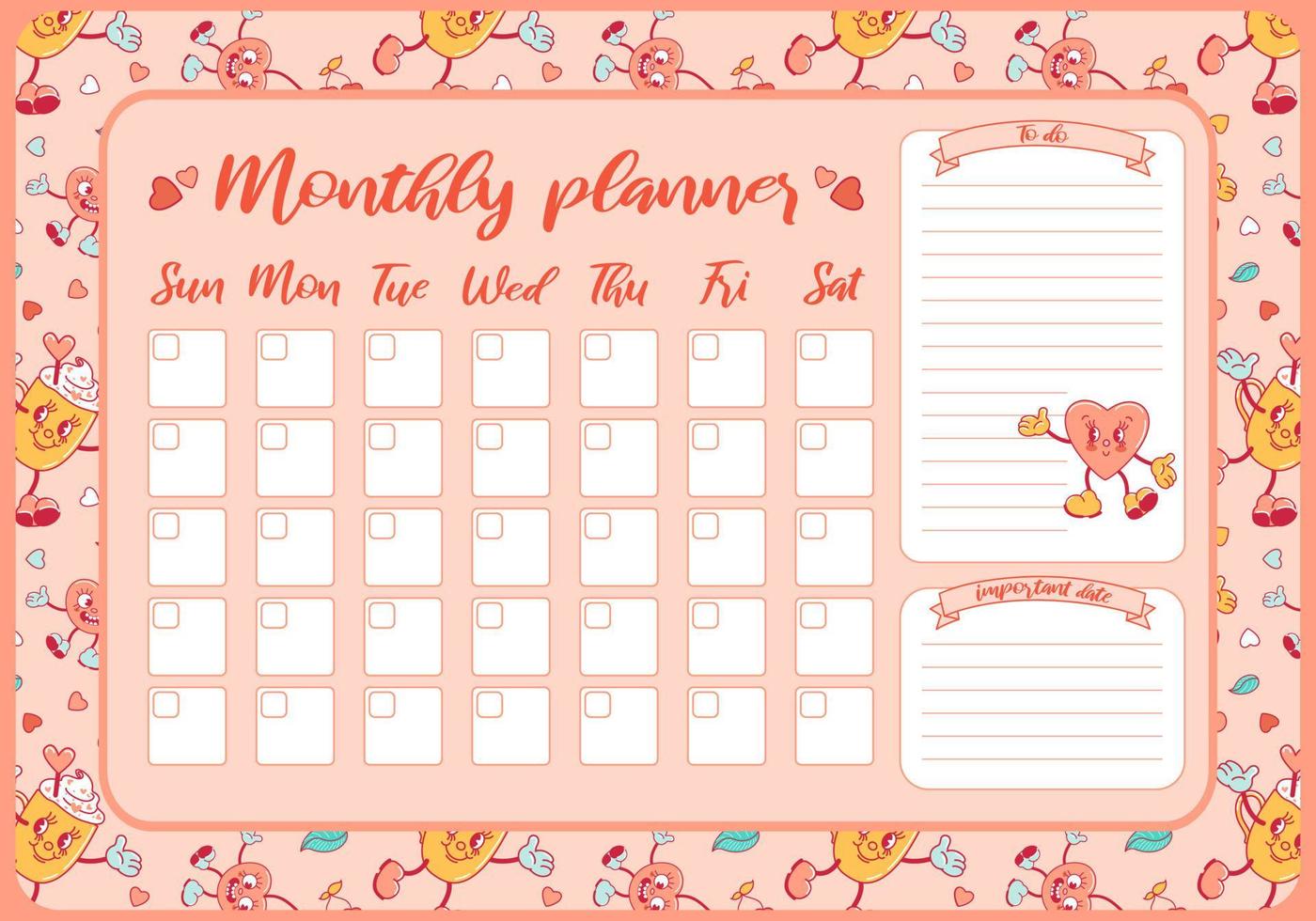 Monthly planner. Valentines Day, cherries, coffee mug, heart. Trendy old retro cartoon style. To do list, template design, important dates. Schedule for printing, calendar for study, scool or work vector