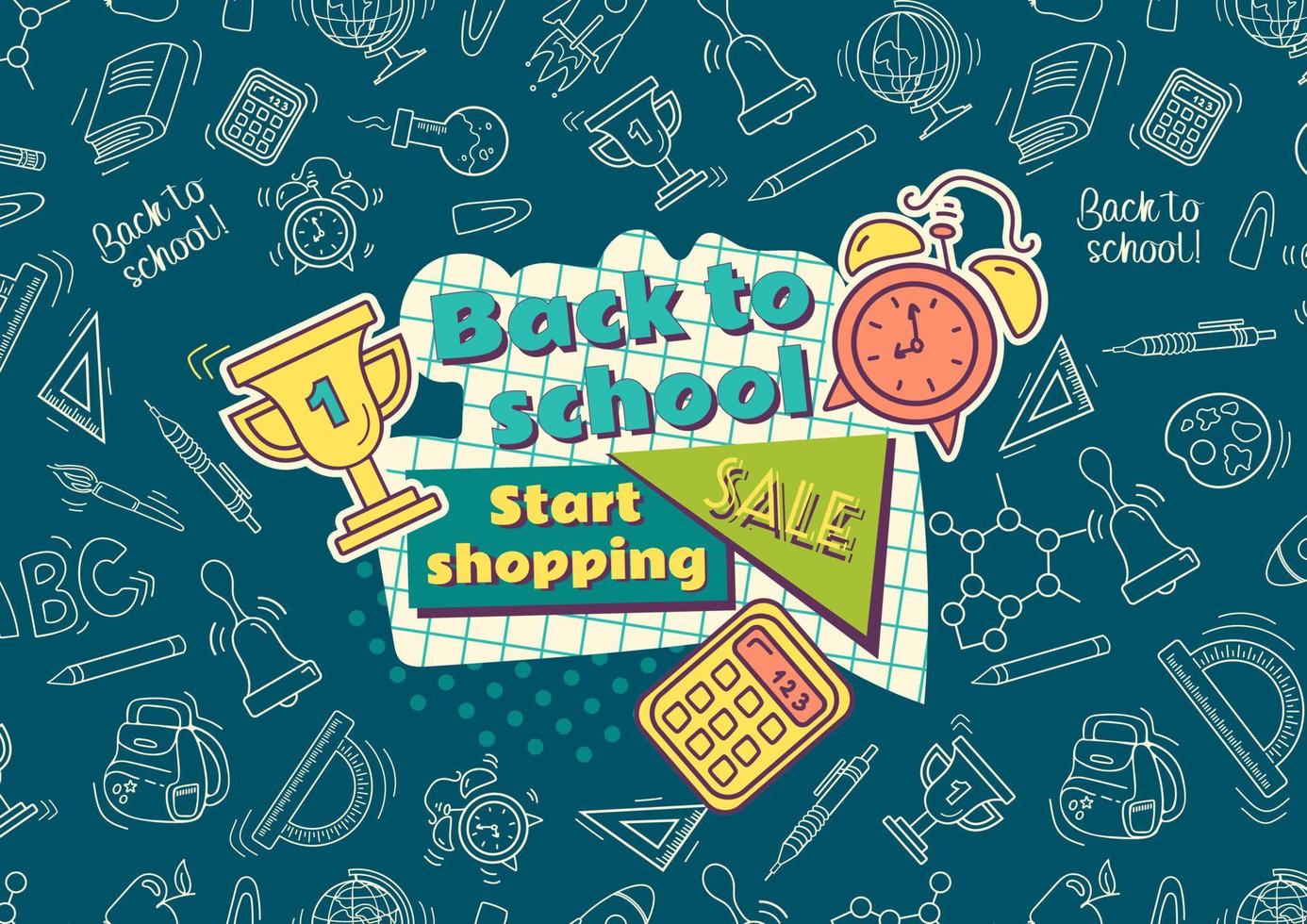 Back to school. Bright banner in vintage colors, 90s cartoon style. Chalk drawings on the blackboard. Calculator, reward, alarm clock. For advertising banner, website, poster, advertising flyer. vector