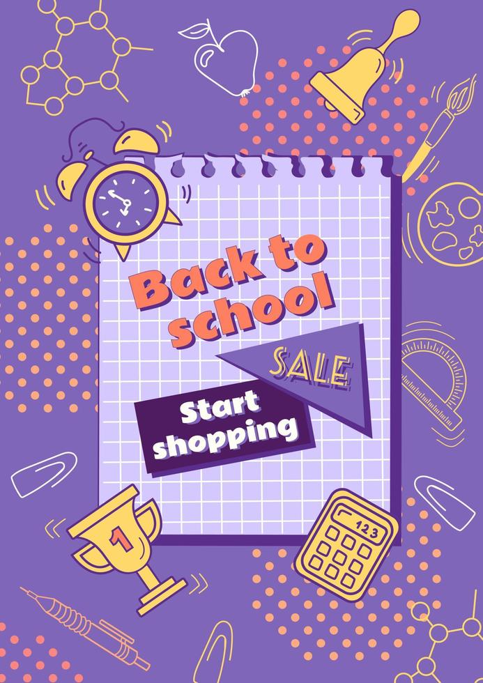 Back to school. Bright vector vintage banner in violet colors of 90s cartoon style. Learning symbols. Writing utensils pens, pencils and rulers. For advertising banner, website, poster, sale flyer