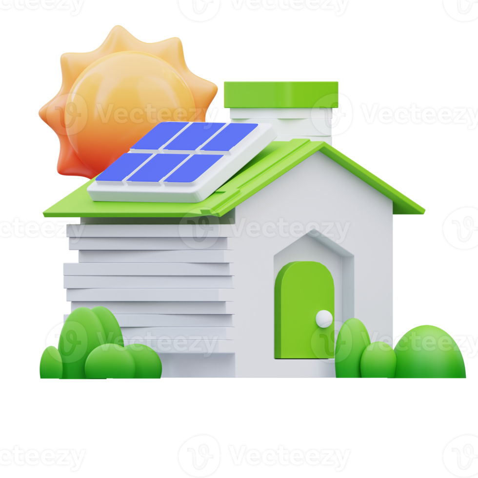 Maison verte de rendu 3d avec illustration d'icône de panneau solaire, parfaite pour vos ressources Web et d'application png