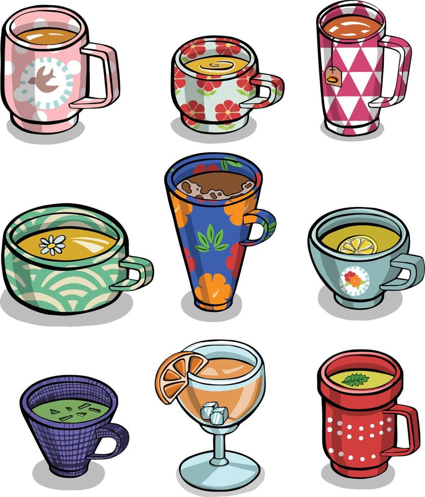 Set of various cups with tea or coffee. Side view. Different ornaments. Flowers, berries, etc Hand drawn colored trendy illustration. Cartoon style. Flat design. vector