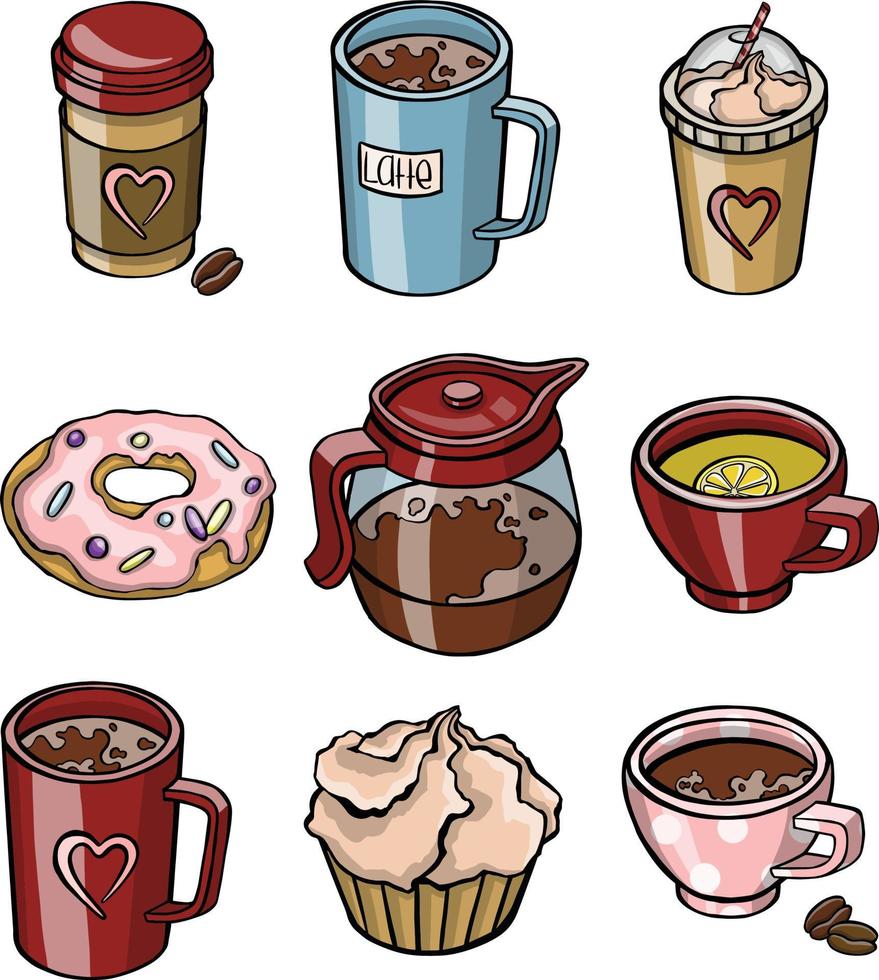 set con bodegones servicio de té y cupcakes. ilustración vectorial vector