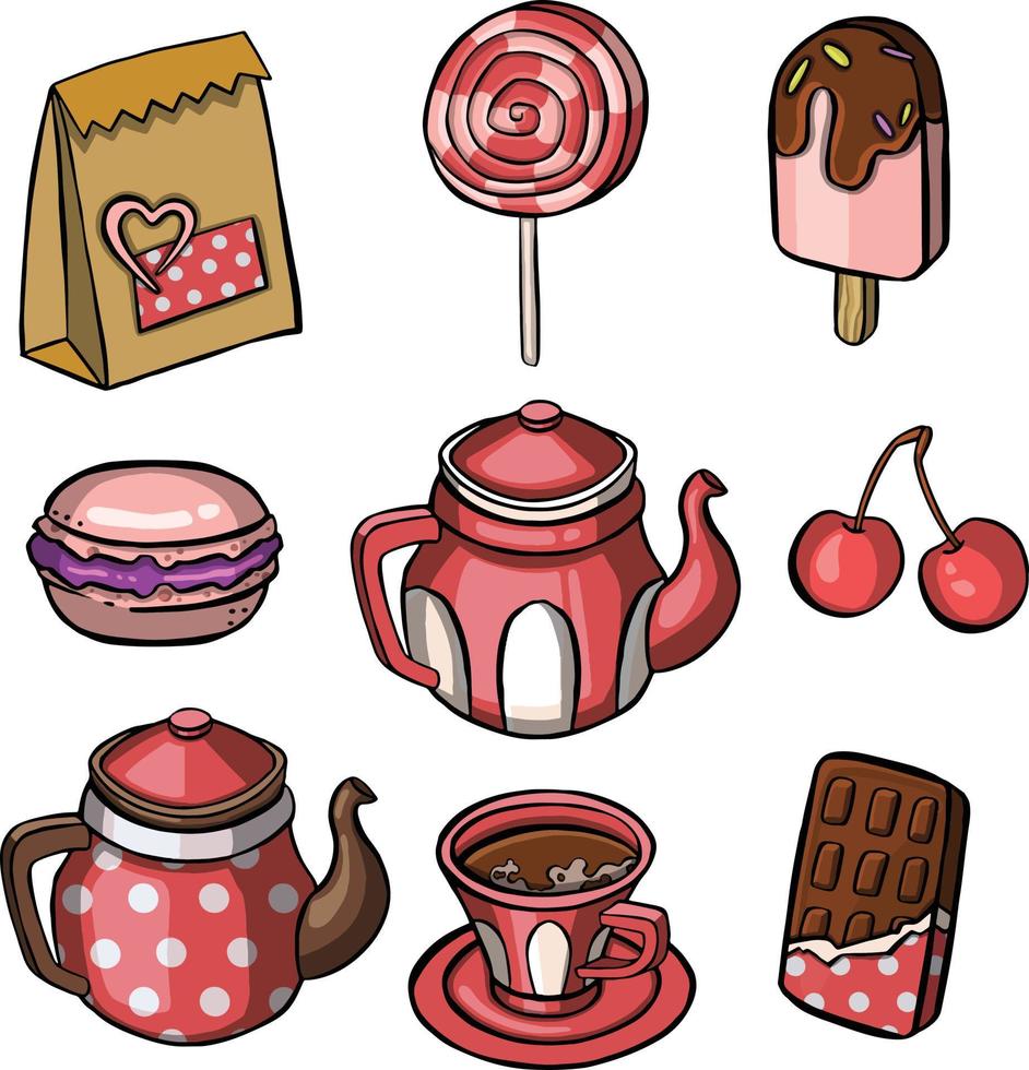 íconos de té, café, pastelería, tortas y macarrones. ilustración vector