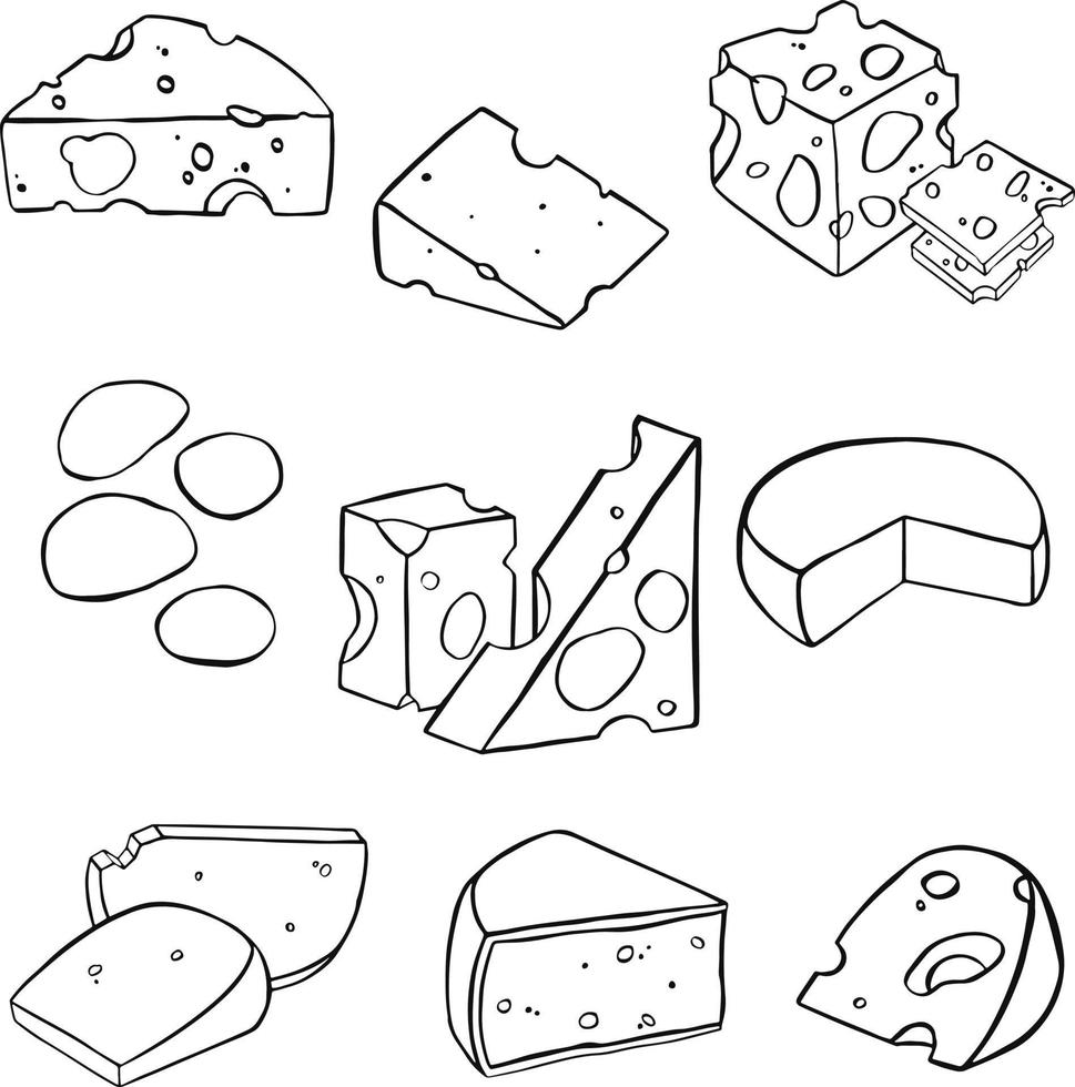 Cheese flat line icons set. Parmesan, mozzarella, dutch, ricotta, butter, blue chees piece illustrations. Outline signs for dairy product store. vector