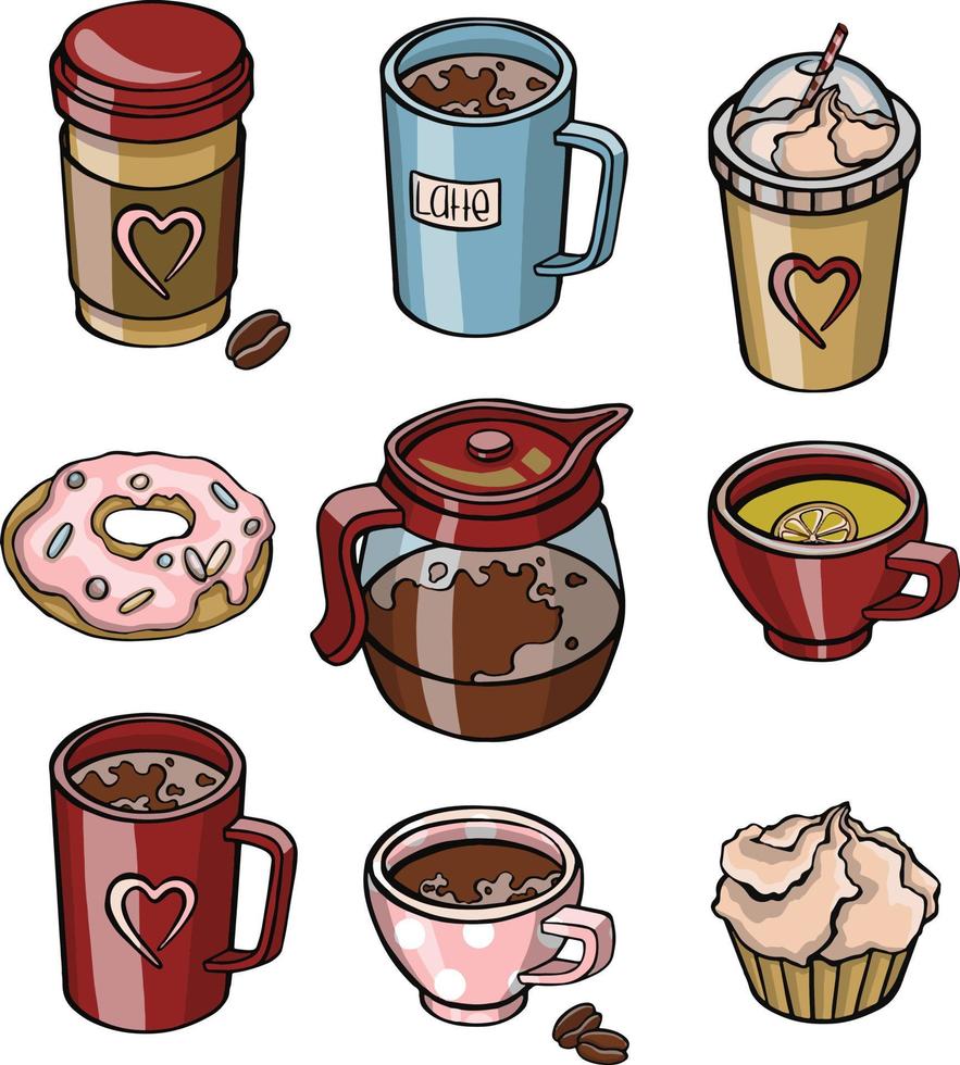 Illustration with still life of tea set and cupcakes. Vector