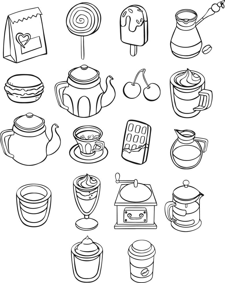 Set of various cups with tea or coffee, coffee pots, teapots.   vector line