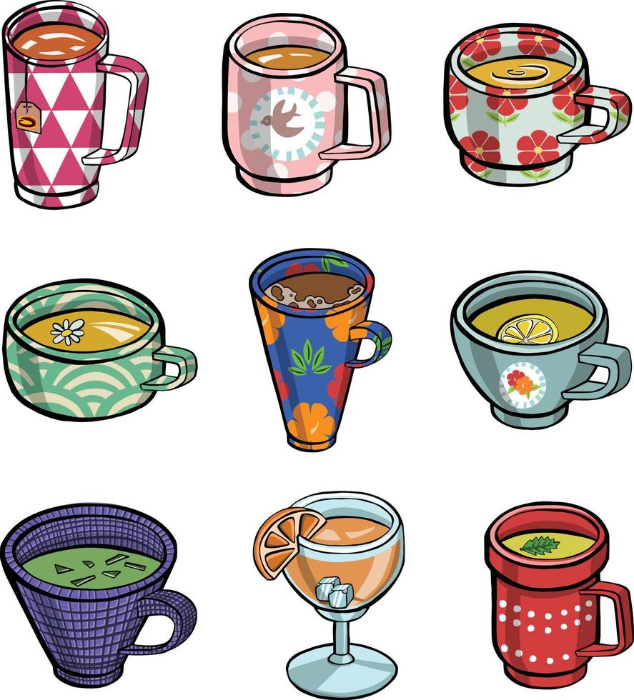 juego de varias tazas con té o café. vista lateral. diferentes adornos. flores, bayas, etc. ilustración de moda de color dibujada a mano. estilo de dibujos animados diseño plano. ilustración vectorial vector