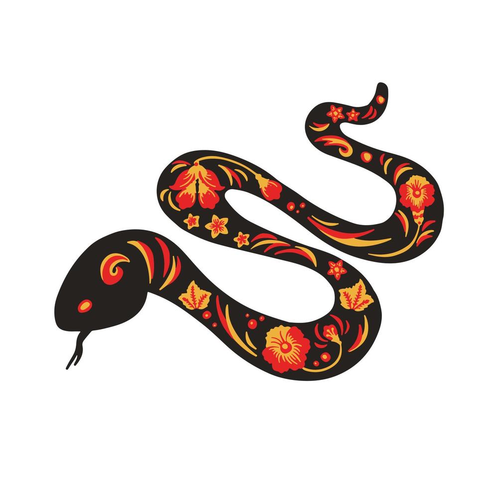 Black and red Khokhloma painting snake viper boho, vintage,  illustration vector