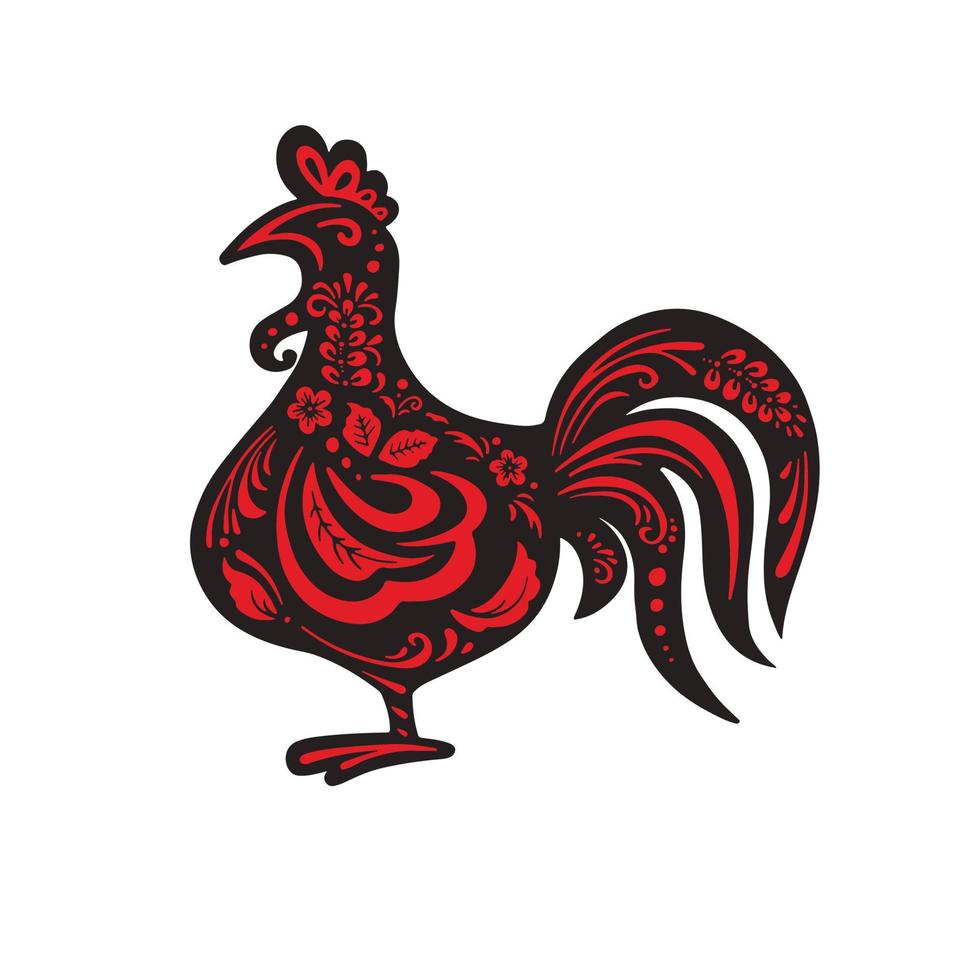 Black kura rooster with flower painting ethno red color,  illustration vector