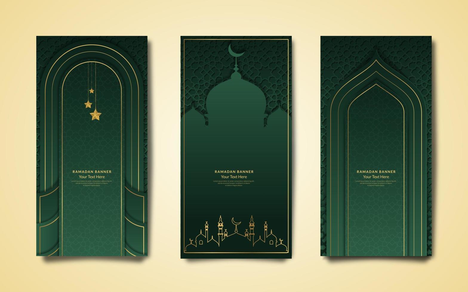 conjunto de banners temáticos de ramadán islámico vectorial con diseños elegantes verdes vector