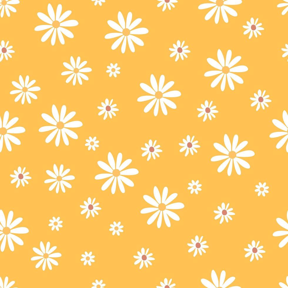 Seamless pattern retro 1970s hippie background with colorful flower chamomile in vintage style illustration with positive vector