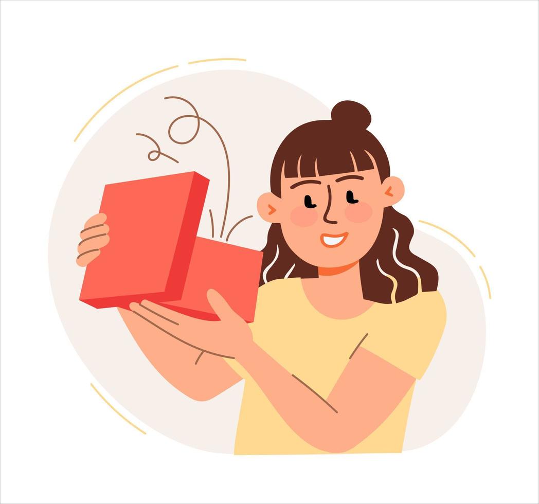 A woman opens a surprise box. The concept of a business idea, startup, organization, brainstorming, problem solving. Vector illustration flat isolated