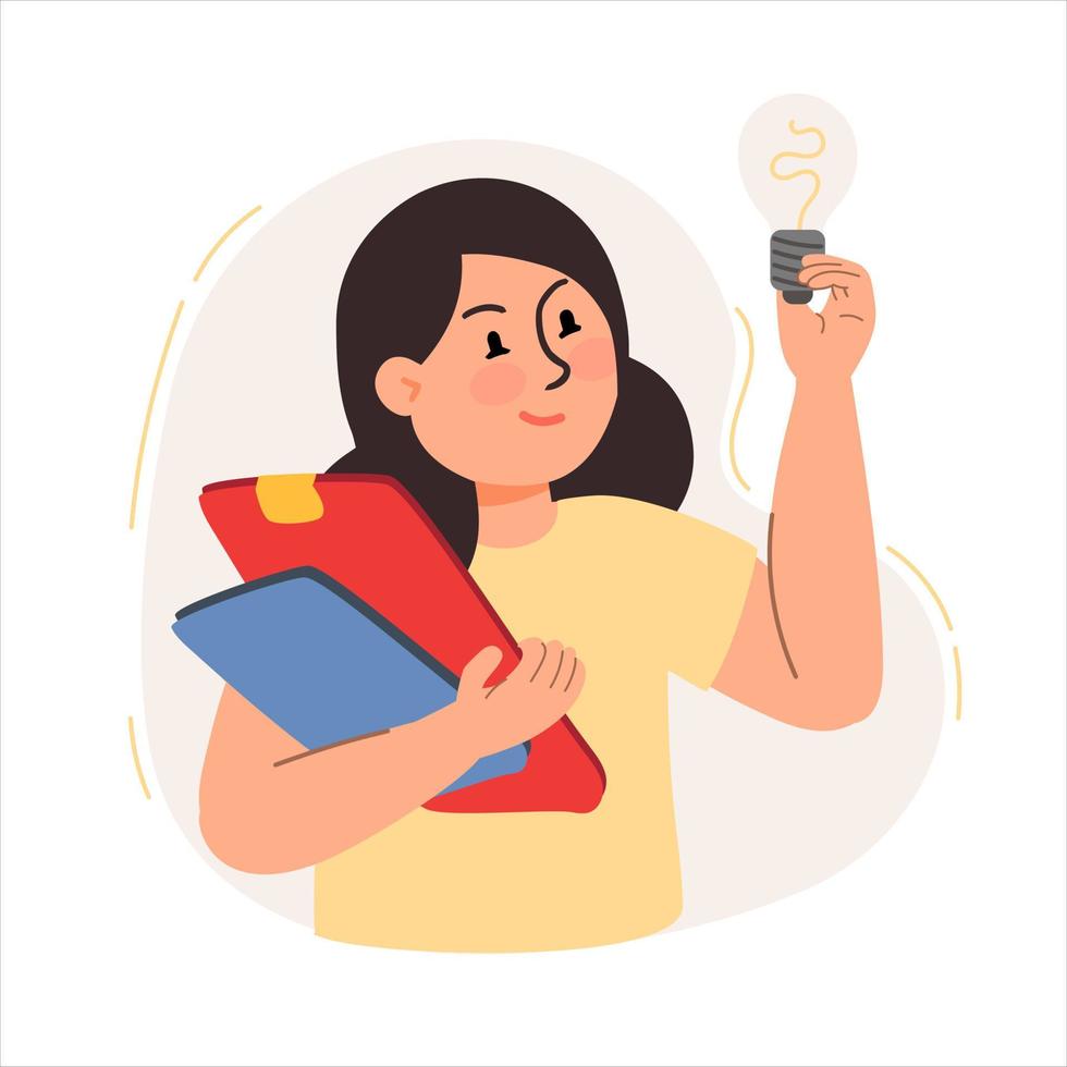 A woman with documents and a light bulb. The concept of a business idea, startup, organization, brainstorming. Vector illustration flat isolated