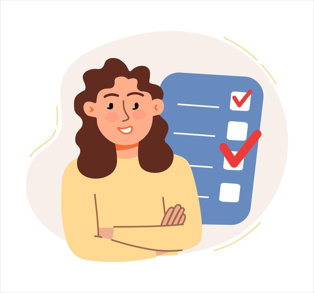 A woman makes plans, notes tasks in her diary. The concept of a business idea, startup, organization, brainstorming. Vector illustration flat isolated