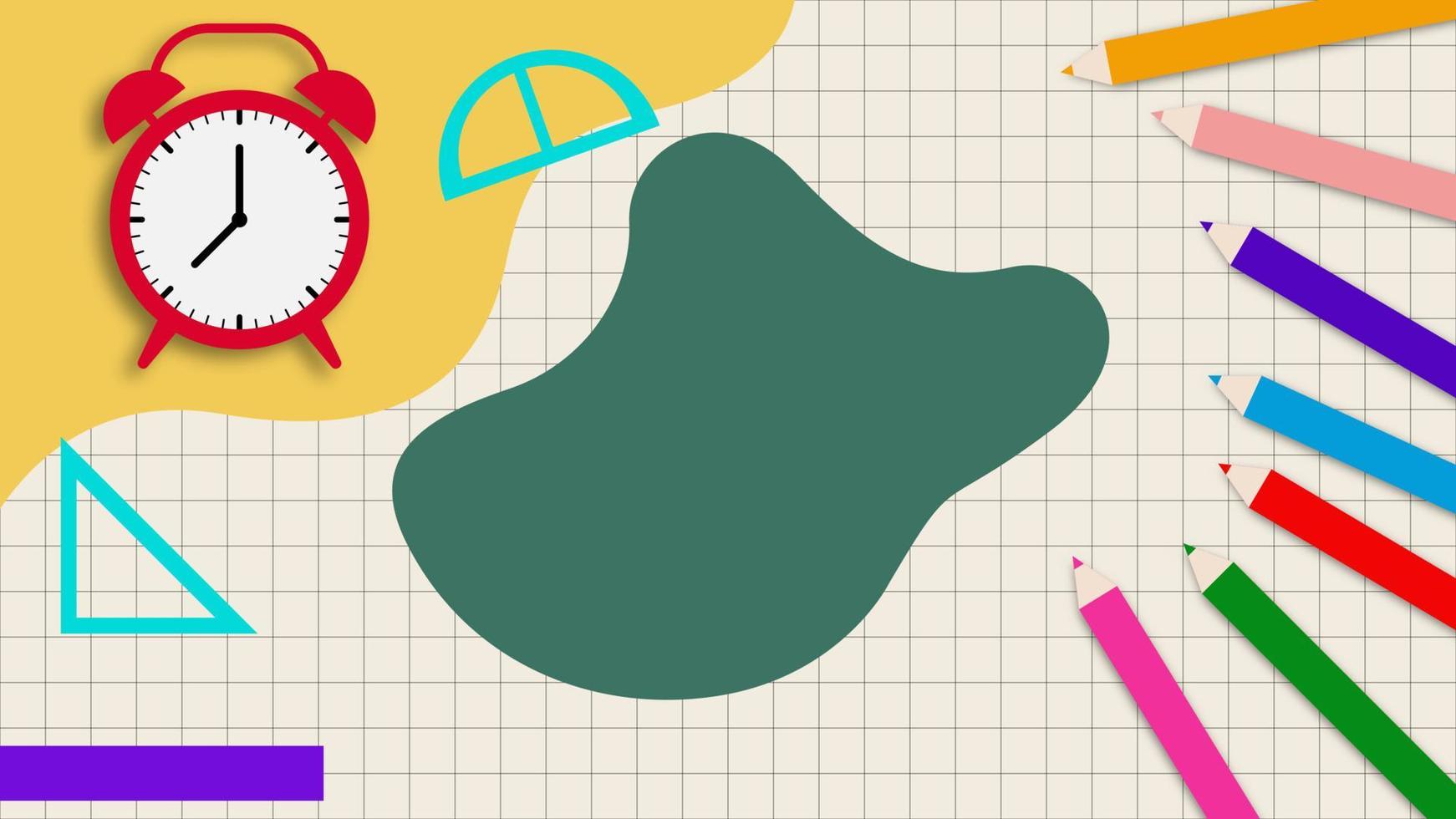 School background with alarm clock, color pencil and ruler on paper background. Vector illustration. EPS 10.
