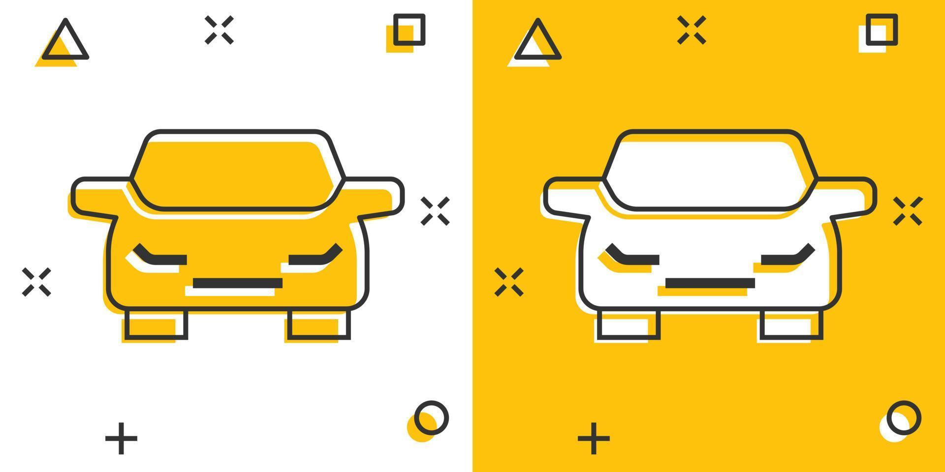 icono de coche en estilo cómico. ilustración de vector de dibujos animados de vehículo de automóvil sobre fondo blanco aislado. concepto de negocio de efecto de salpicadura de sedán.