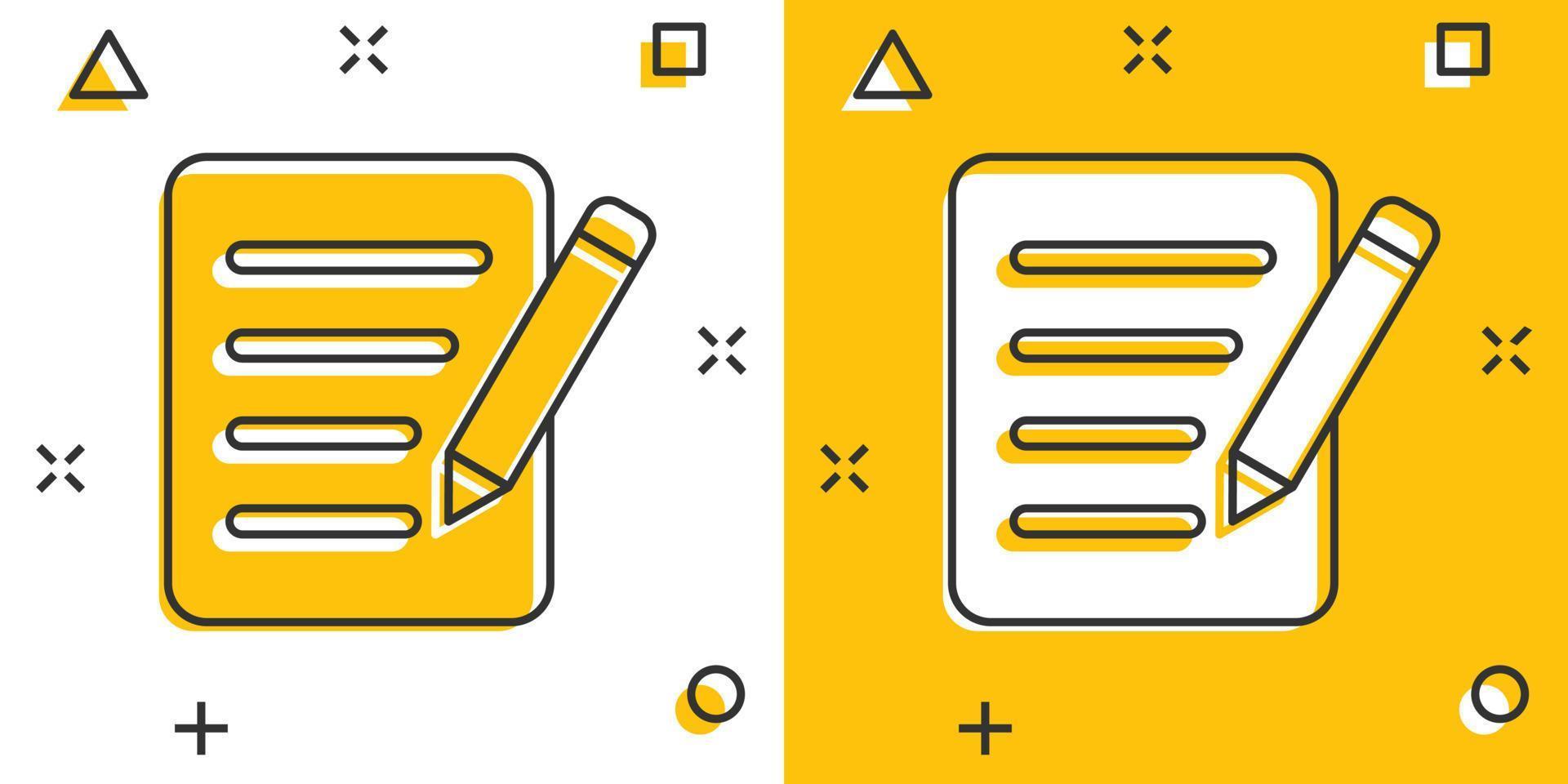 Blogging icon in comic style. Document with pen cartoon vector illustration on white isolated background. Content splash effect business concept.