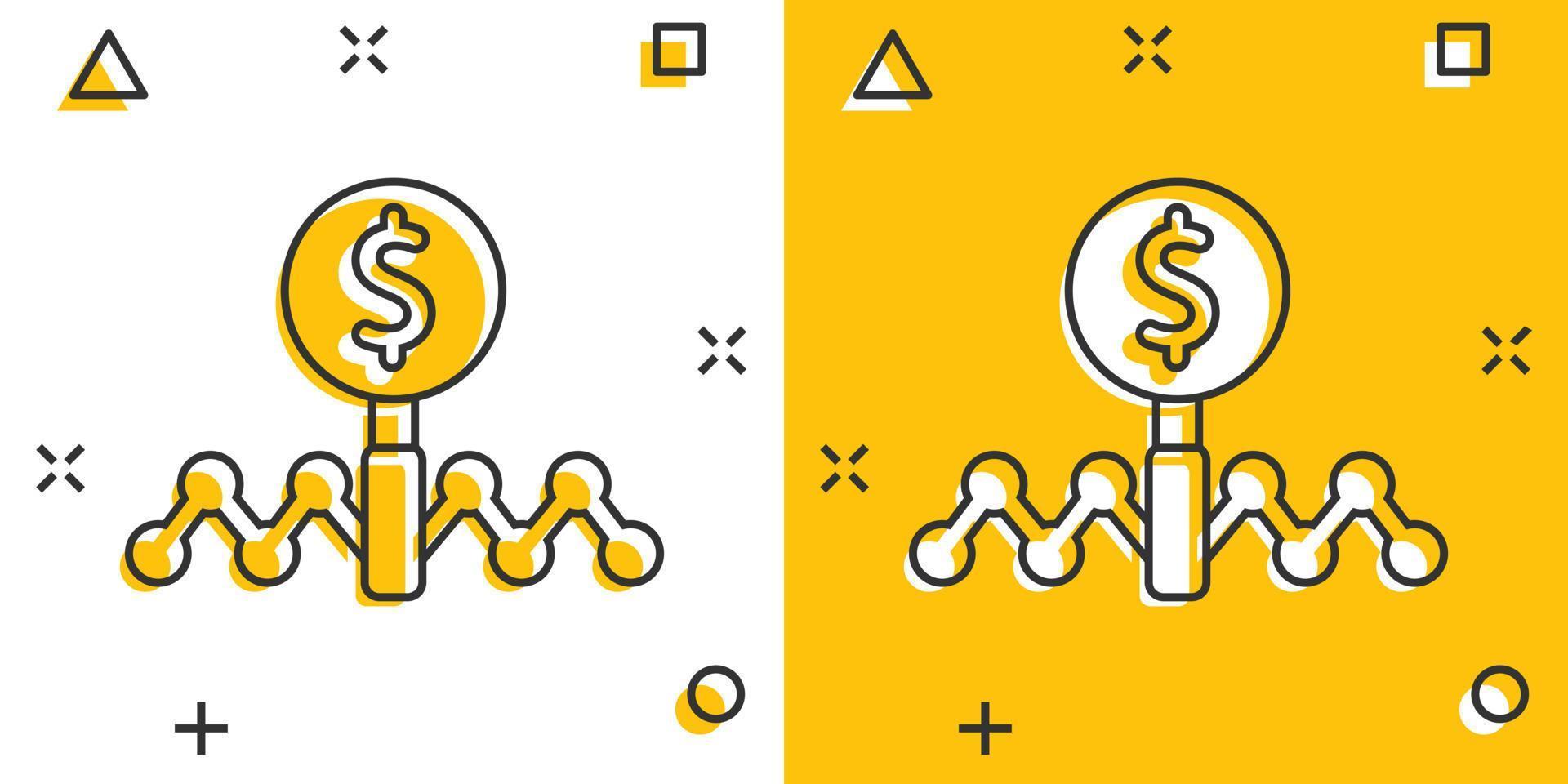 Magnifier glass with money icon in comic style. Dollar search cartoon vector illustration on white isolated background. Financial currency splash effect business concept.