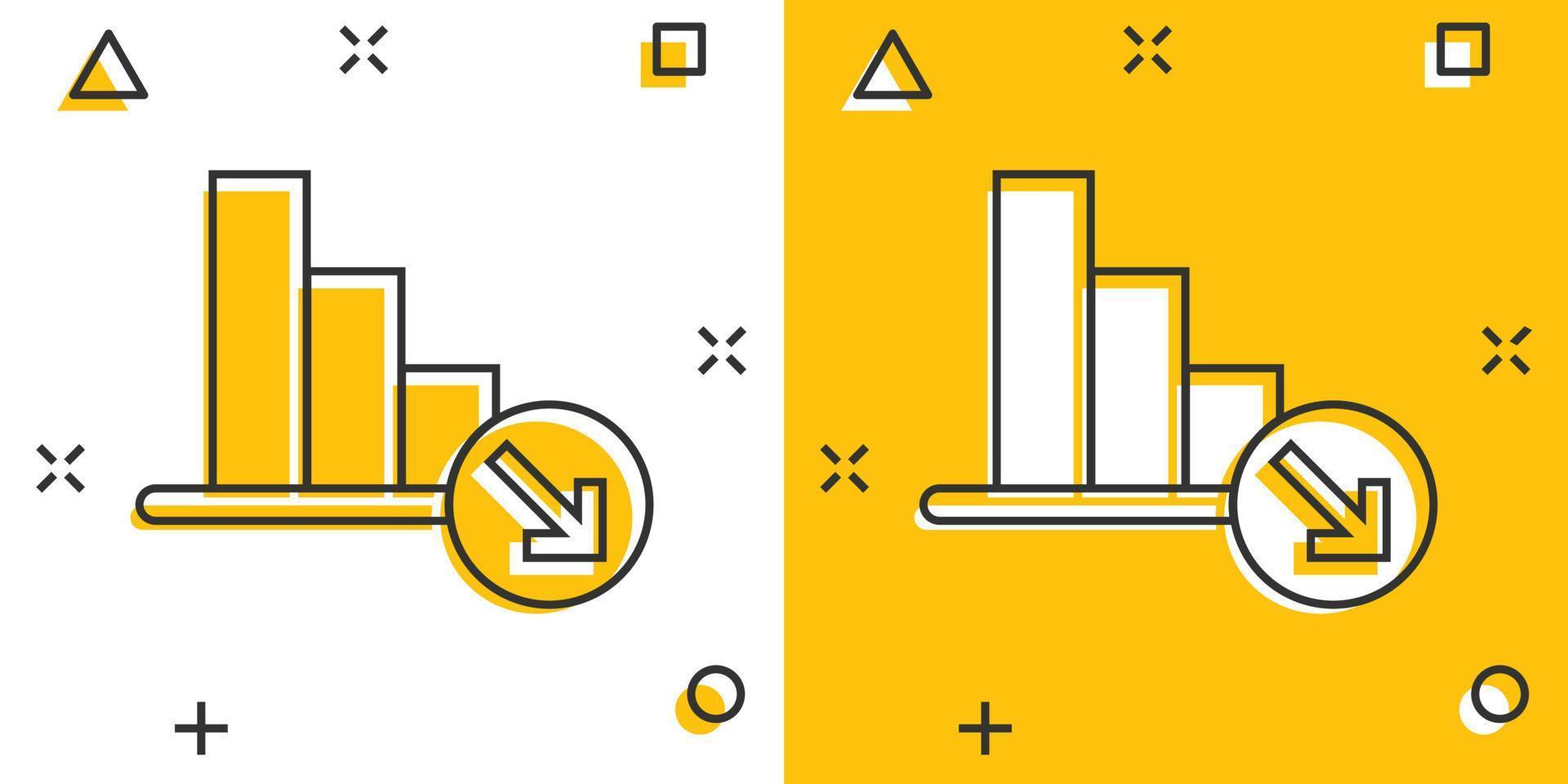 Market trend icon in comic style. Decline arrow with magnifier cartoon vector illustration on white isolated background. Decrease splash effect business concept.