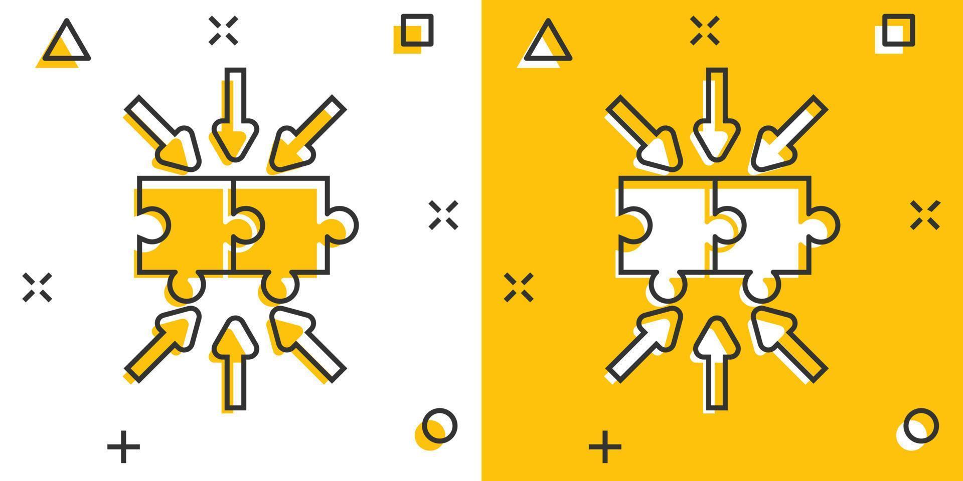Puzzle jigsaw icon in comic style. Solution compatible cartoon vector illustration on white isolated background. Combination splash effect business concept.