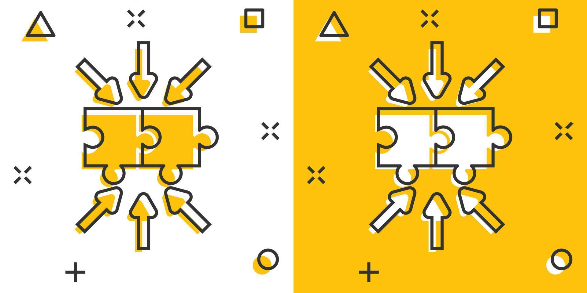 icono de rompecabezas en estilo cómico. ilustración vectorial de dibujos animados compatible con la solución sobre fondo blanco aislado. concepto de negocio de efecto de salpicadura de combinación. vector