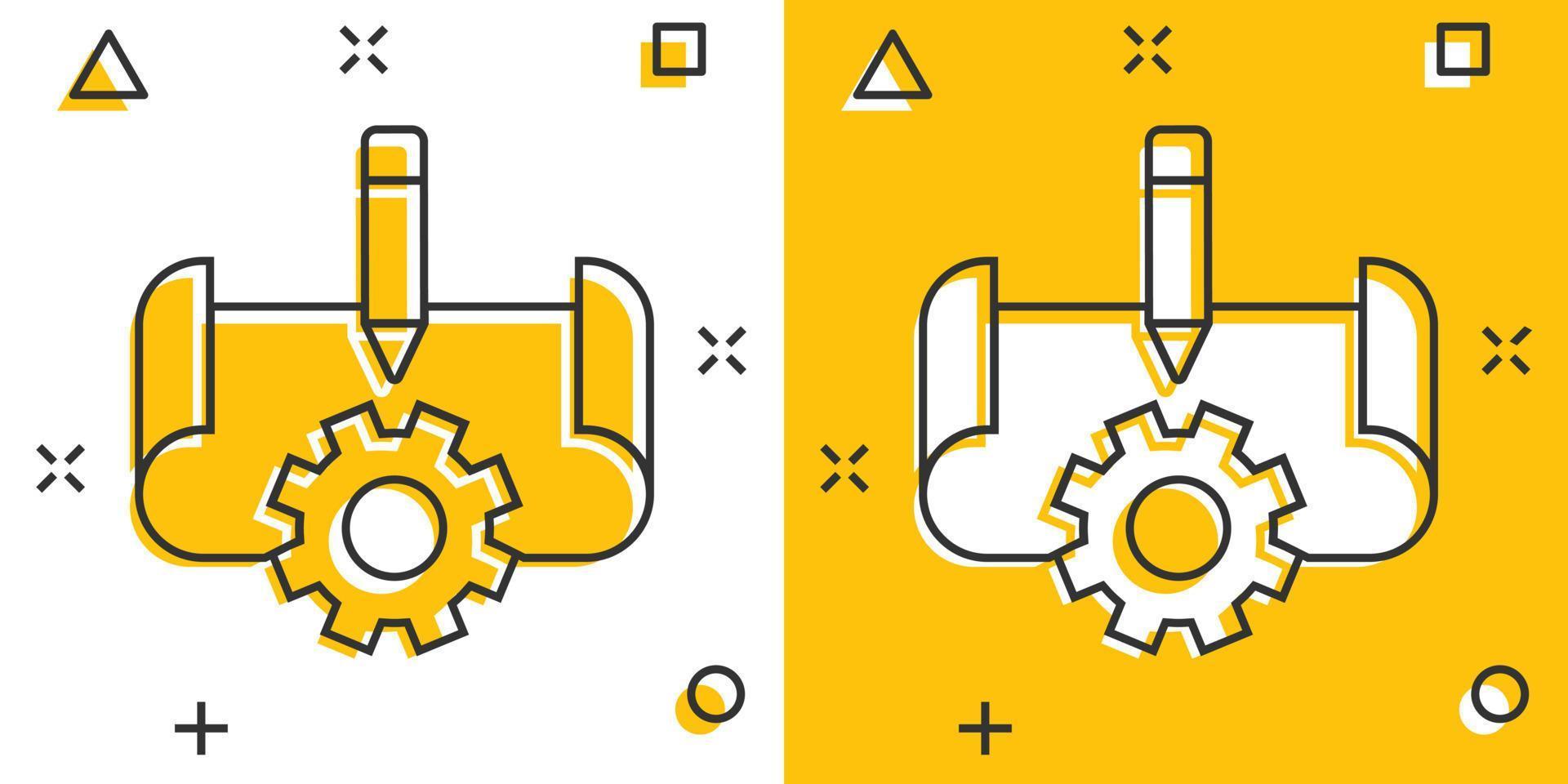 Prototype icon in comic style. Startup cartoon vector illustration on white isolated background. Model development splash effect business concept.