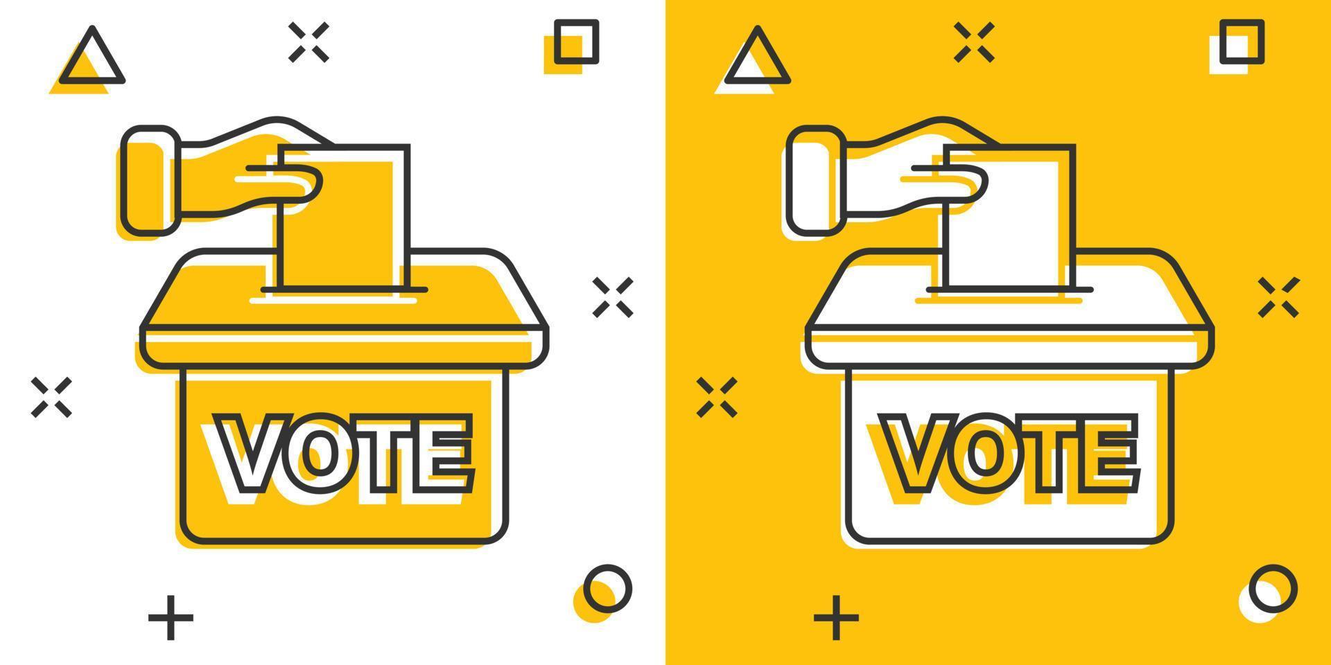 Vote icon in comic style. Ballot box cartoon vector illustration on white isolated background. Election splash effect business concept.