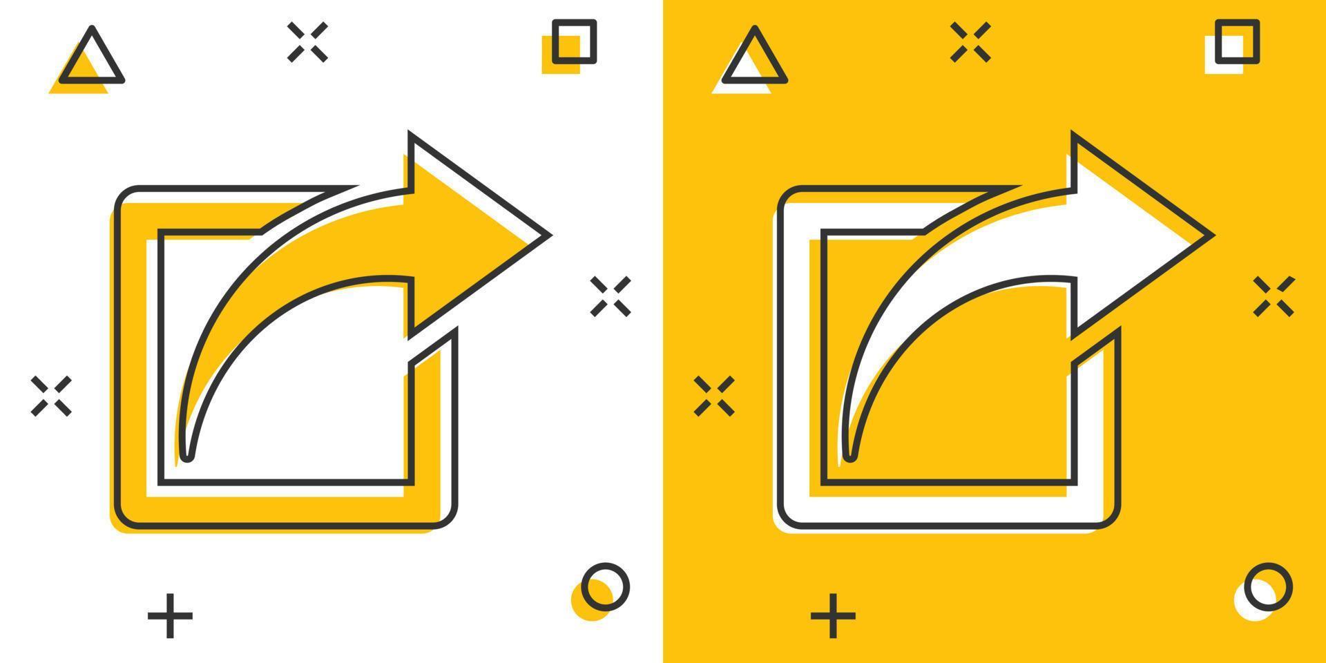 icono de botón compartir en estilo cómico. Ilustración de vector de signo de dibujos animados de flecha sobre fondo blanco aislado. Enviar concepto de negocio de efecto de salpicadura de archivo.