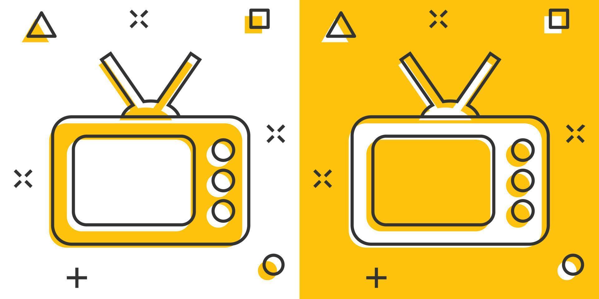 icono de tv en estilo cómico. ilustración de vector de signo de dibujos animados de televisión sobre fondo blanco aislado. concepto de negocio de efecto de salpicadura de canal de video.