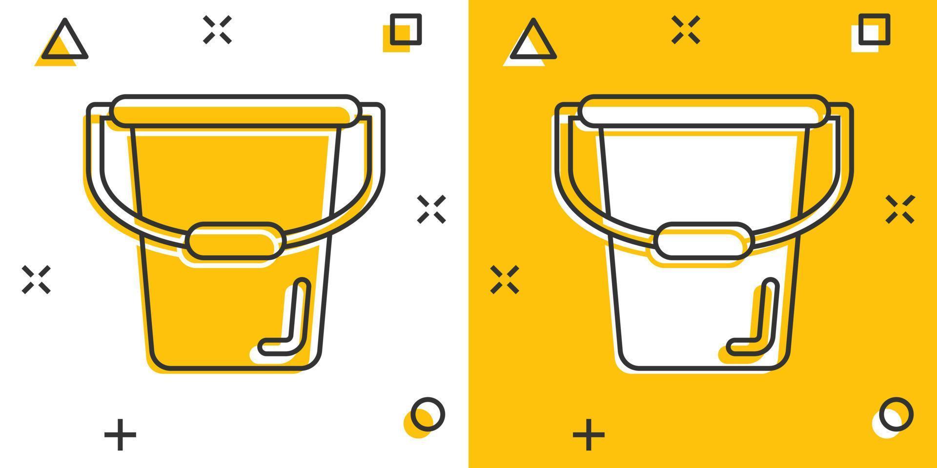 Bucket icon in comic style. Garbage pot cartoon vector illustration on white isolated background. Pail splash effect business concept.
