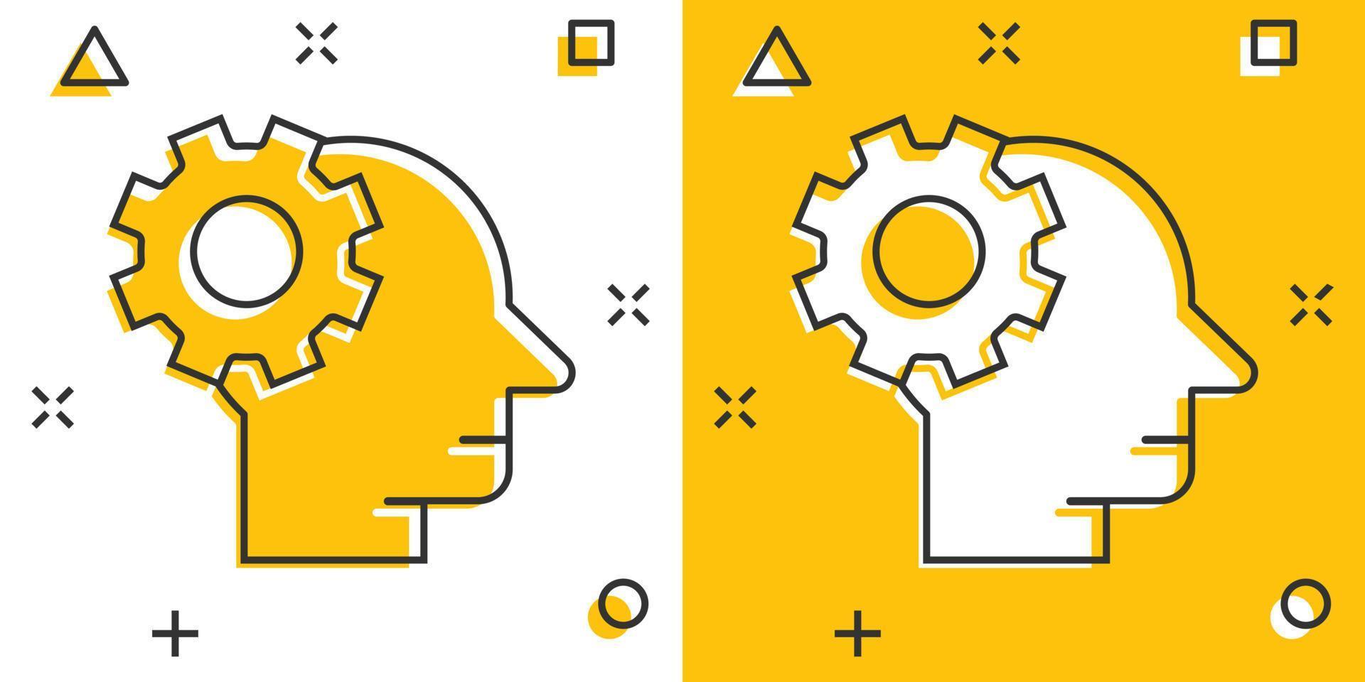 cabeza humana con icono de rueda dentada en estilo cómico. ilustración de vector de dibujos animados de progreso de tecnología sobre fondo blanco aislado. concepto de negocio de efecto de salpicadura de cara y engranaje.