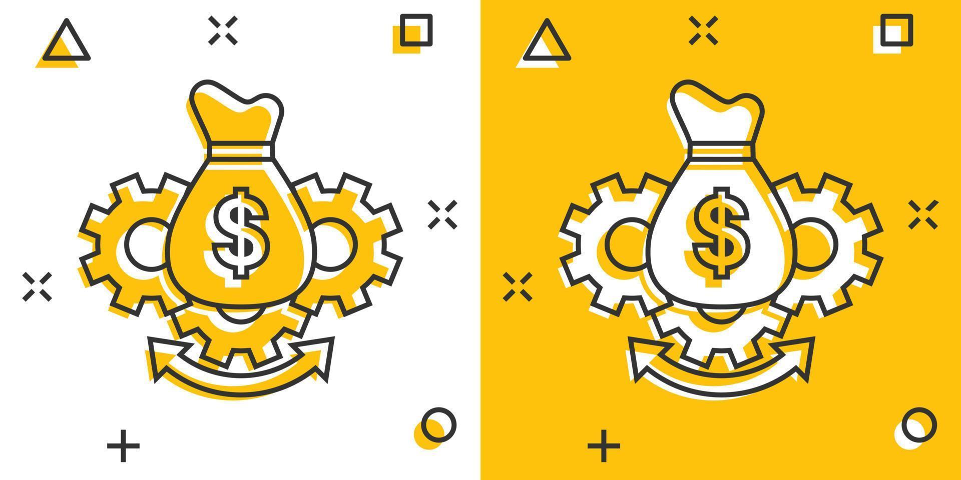 Money optimization icon in comic style. Gear effective cartoon vector illustration on white isolated background. Finance process splash effect business concept.