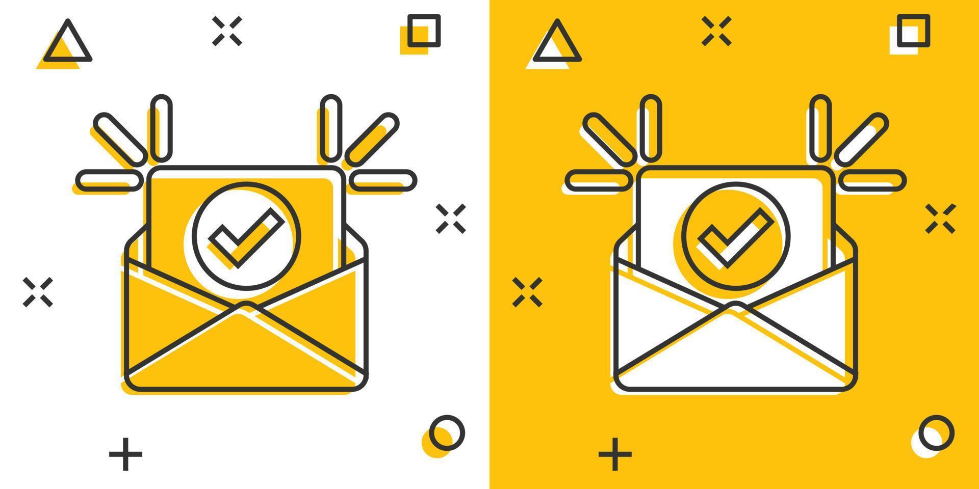 Envelope with confirmed document icon in comic style. Verify cartoon vector illustration on white isolated background. Receive splash effect business concept.