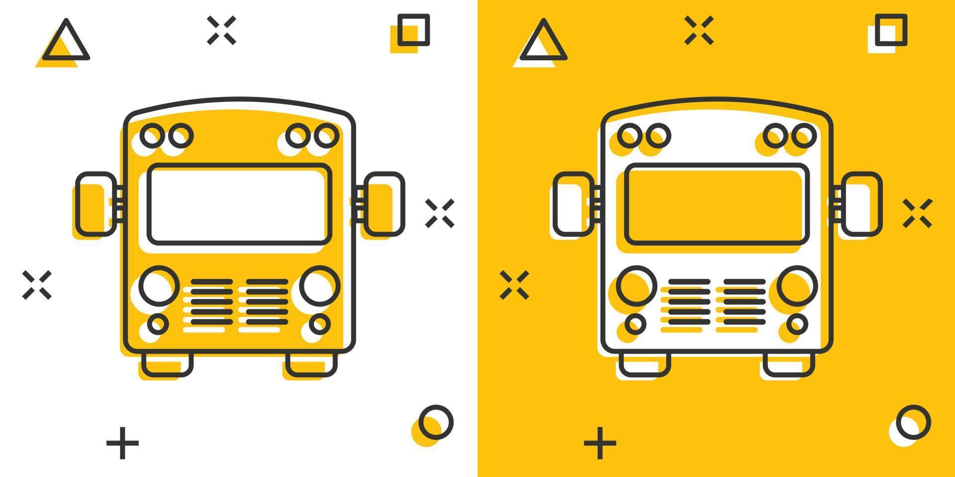 icono de autobús en estilo cómico. Ilustración de vector de dibujos animados de coche de entrenador sobre fondo blanco aislado. concepto de negocio de efecto de salpicadura de autobus.