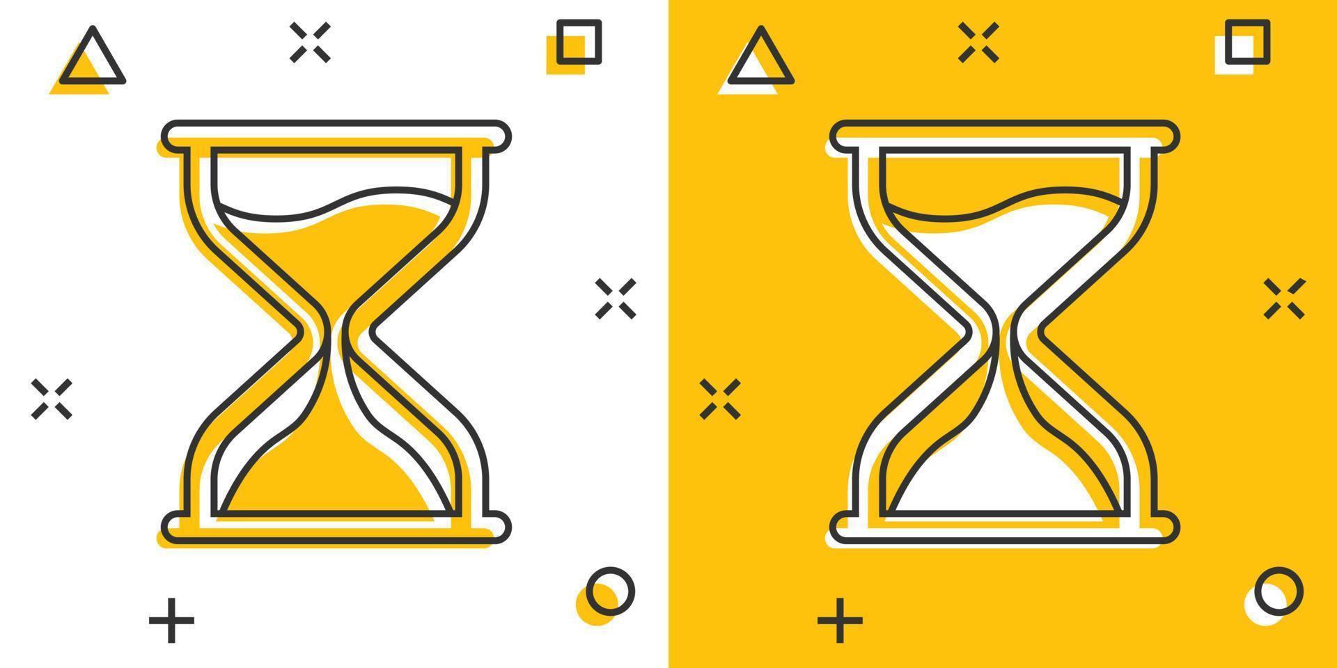 Hourglass icon in comic style. Sandglass cartoon vector illustration on white isolated background. Clock splash effect business concept.