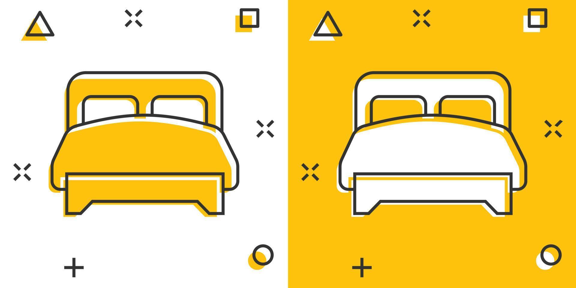 Bed icon in comic style. Bedroom cartoon sign vector illustration on white isolated background. Bedstead splash effect business concept.