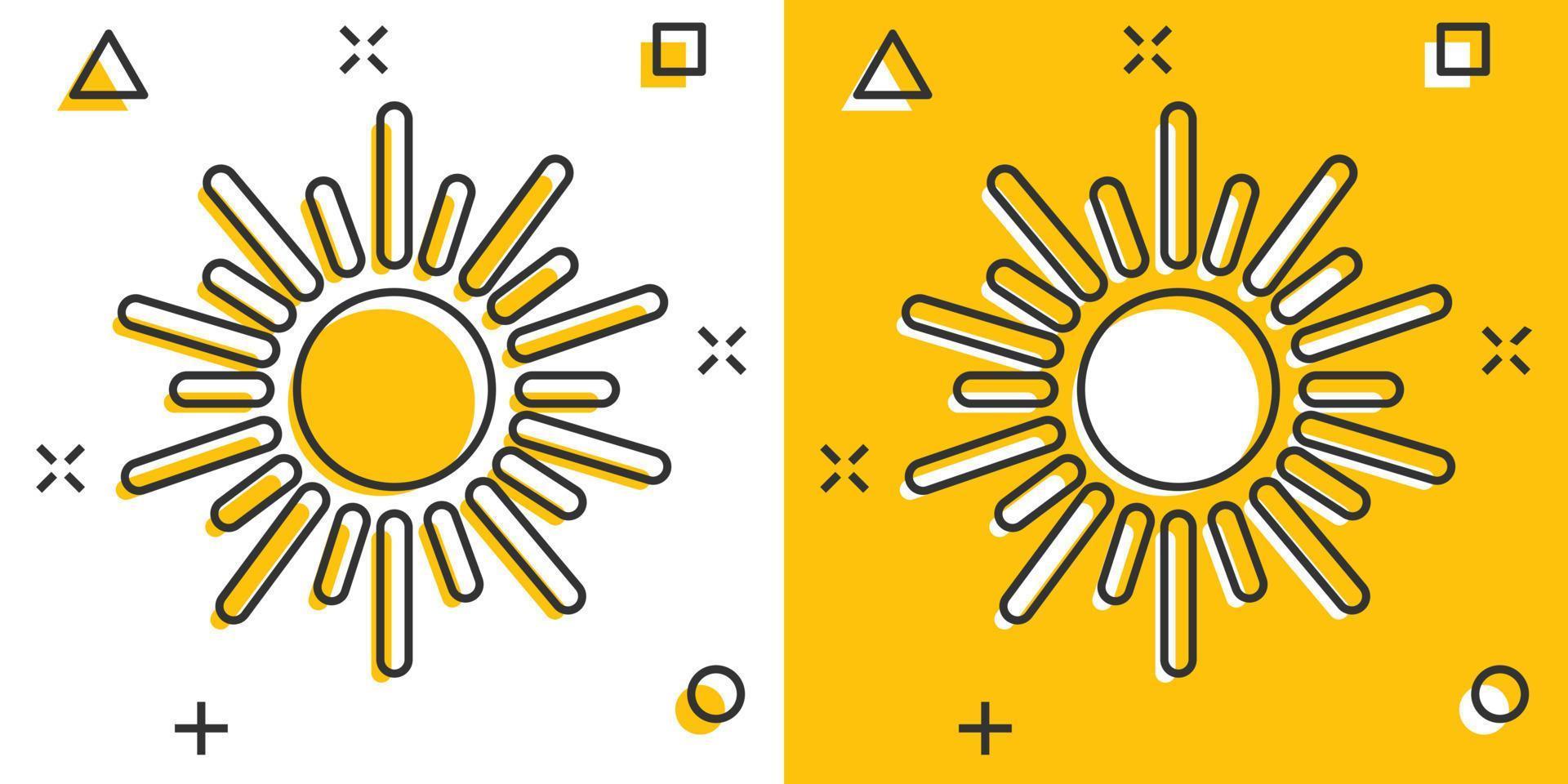 icono de sol en estilo cómico. ilustración de vector de signo de dibujos animados de luz solar sobre fondo blanco aislado. concepto de negocio de efecto de salpicadura de luz diurna.