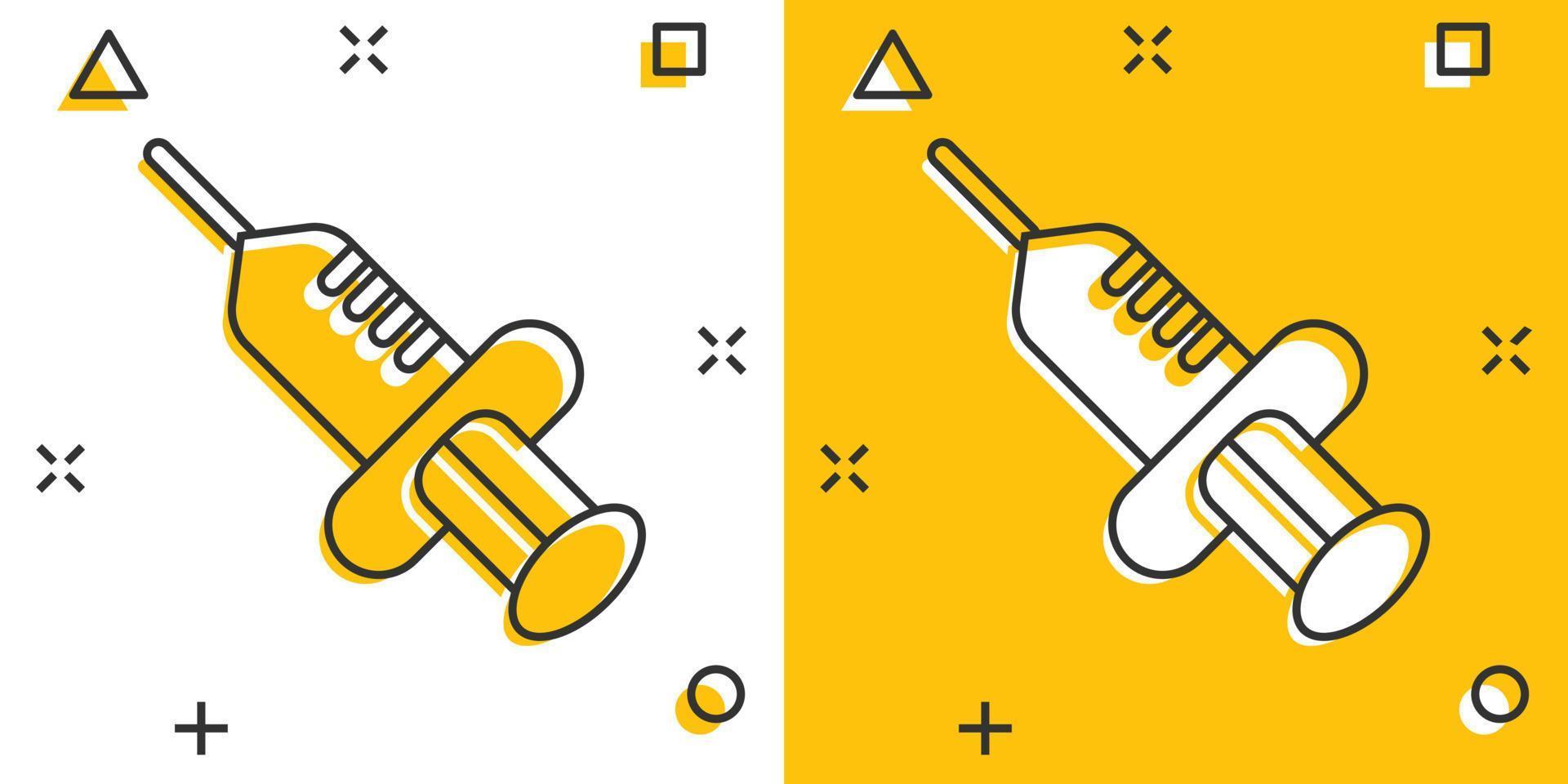 Syringe icon in comic style. Inject needle cartoon vector illustration on white isolated background. Drug dose splash effect business concept.