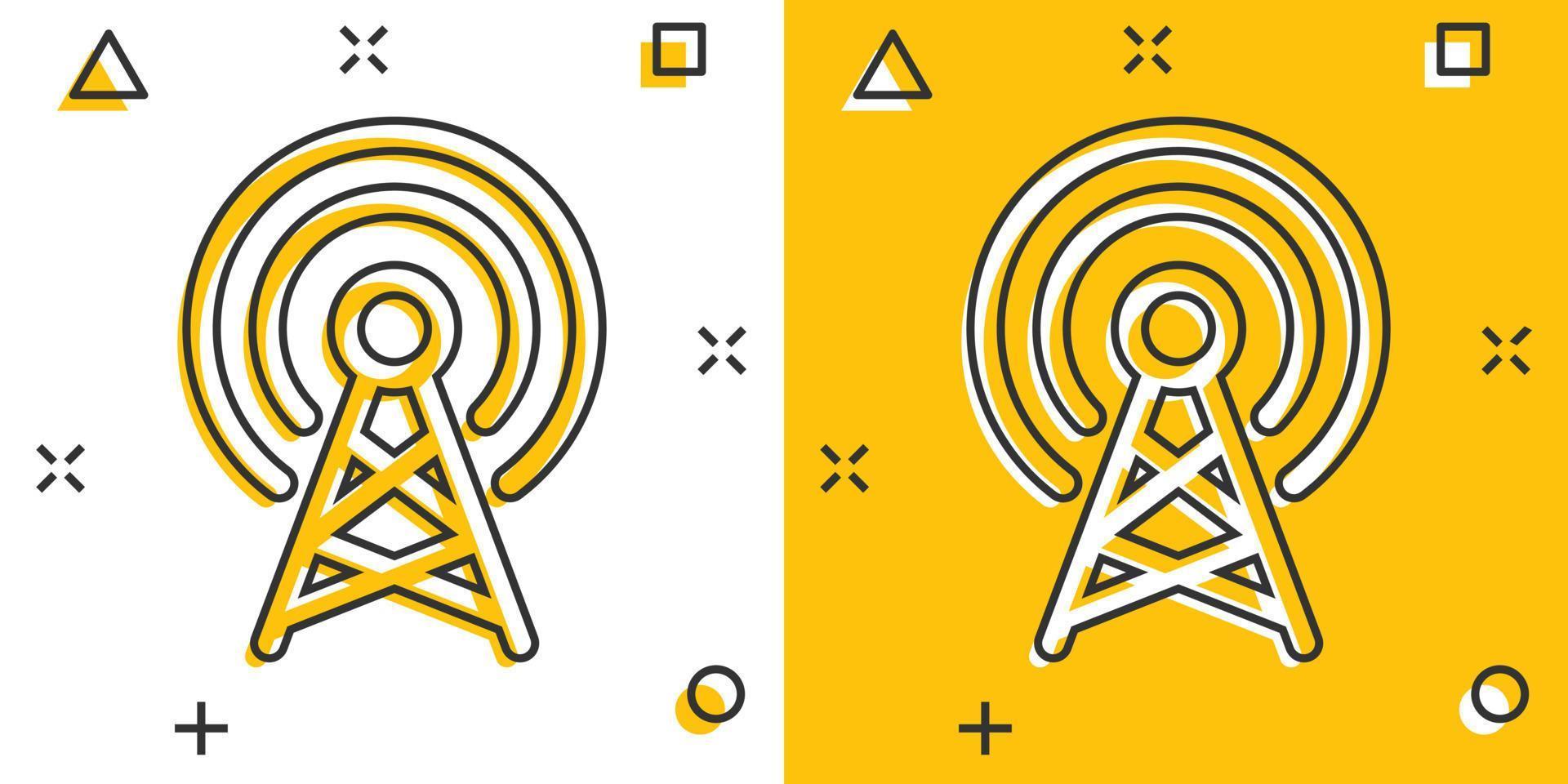 Antenna tower icon in comic style. Broadcasting cartoon vector illustration on white isolated background. Wifi splash effect business concept.