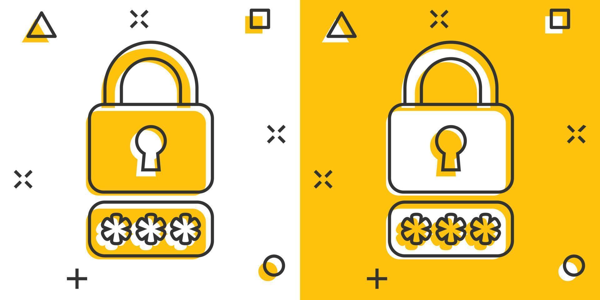Login icon in comic style. Password access cartoon vector illustration on white isolated background. Padlock entry splash effect business concept.