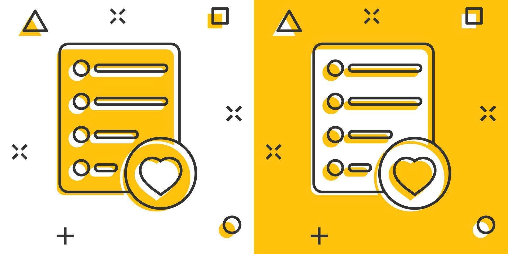 Wishlist icon in comic style. Like document cartoon vector illustration on white isolated background. Favorite list splash effect business concept.