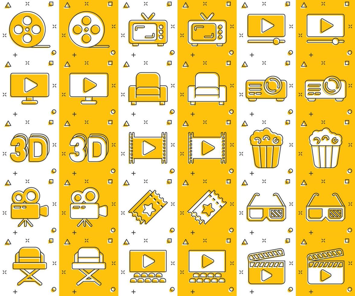 Cinema line icons in comic style. Entertainment set cartoon vector illustration on white isolated background. Movie media splash effect business concept.