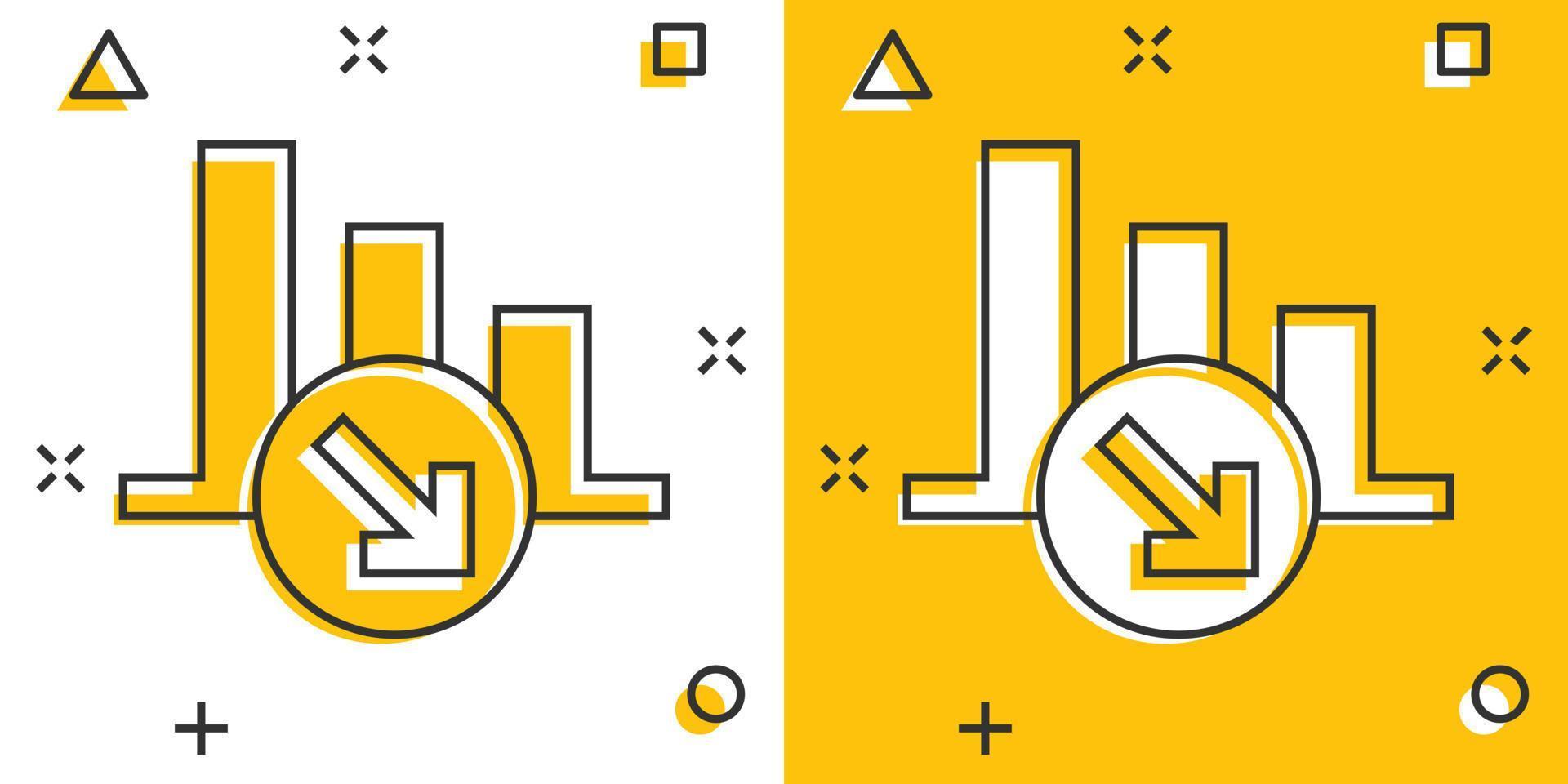 Market trend icon in comic style. Decline arrow with magnifier cartoon vector illustration on white isolated background. Decrease splash effect business concept.